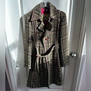 Woven Houndstooth Belted Coat - Brown/Olive